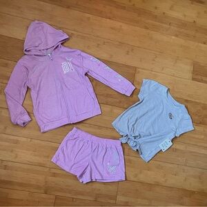 NWT Girls Size 5 Outfit- Purple Terry Hoodie, Shorts & Gray Knot Tee Set
